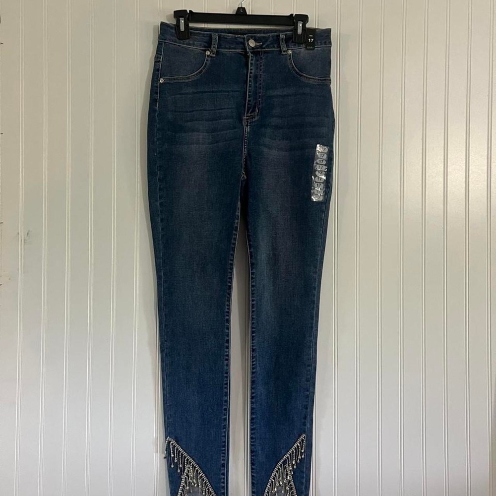 NWT Akira Womens Size 17 Dark Wash Skinny Denim Jeans Rhinestone Fringe Y2K Glam